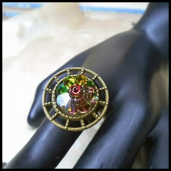 Rainbow Ring, Vintage Glass Stone - Special One of a Kind - Picture 4 of 12